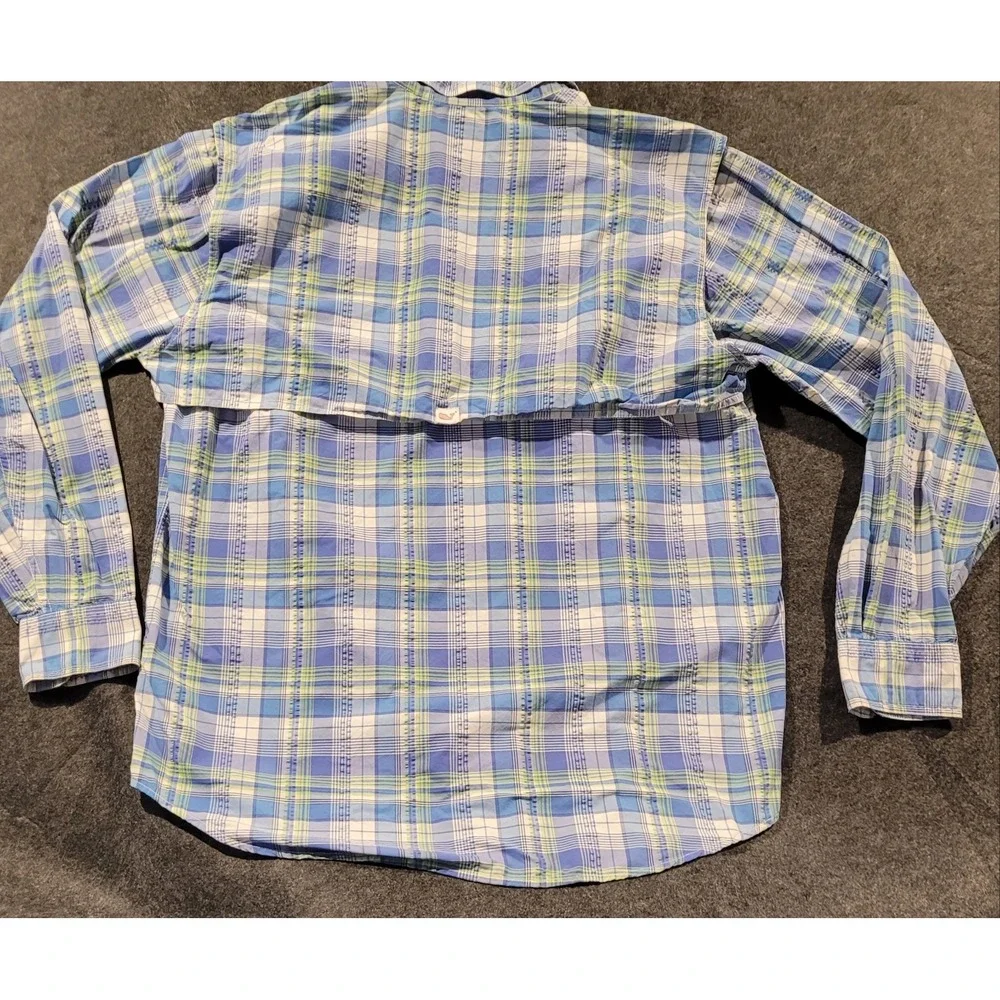 Vineyard Vines Harbor Shirt Mens M Performance Fishing Plaid Blue Green Vented